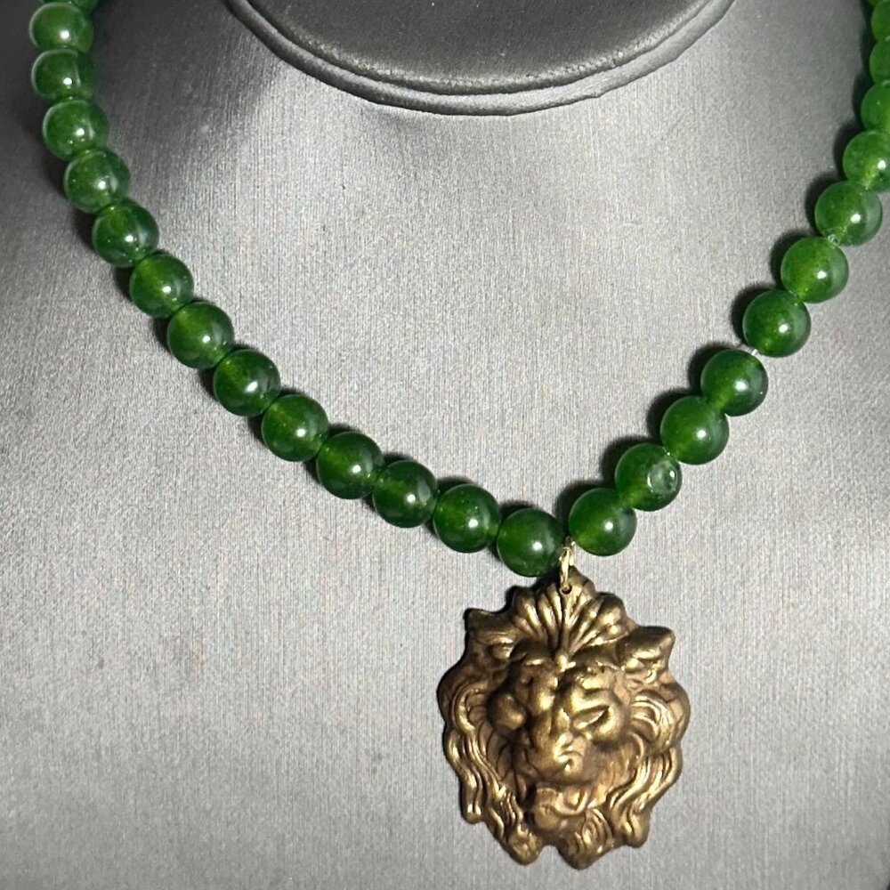 Brass Lion Necklace Green Jade Gemstone Necklace Goth Steampunk Handmade Choker